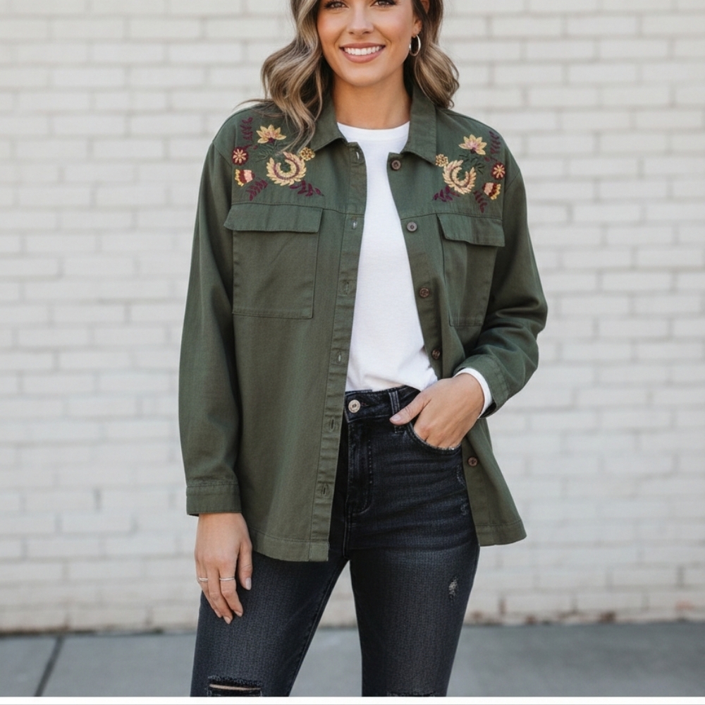 Embroidered Skylar & Jade Olive Green Utility Jacket